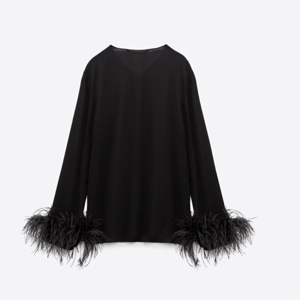Zara Black Long Sleeved Slip Blouse with Feather Cuffs. Size XS